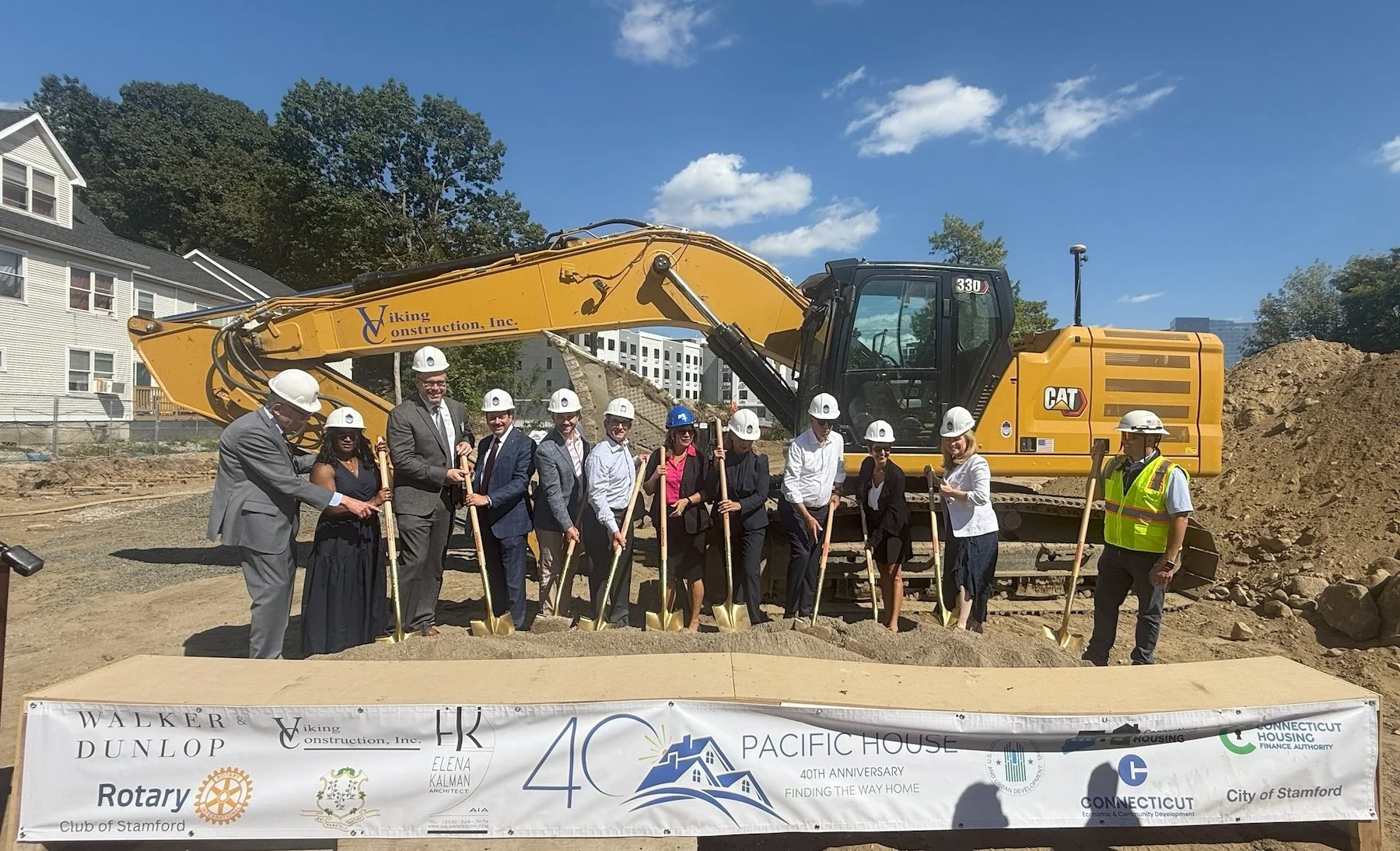 Connecticut Governor Ned Lamont; Commissioner Seila Mosquera-Bruno, State of Connecticut Department of Housing; Pacific House CEO & President Carmen Colón; Pacific House Board Chair Justin Maccarone; supporters and funders gather for the Pacific House groundbreaking ceremony.