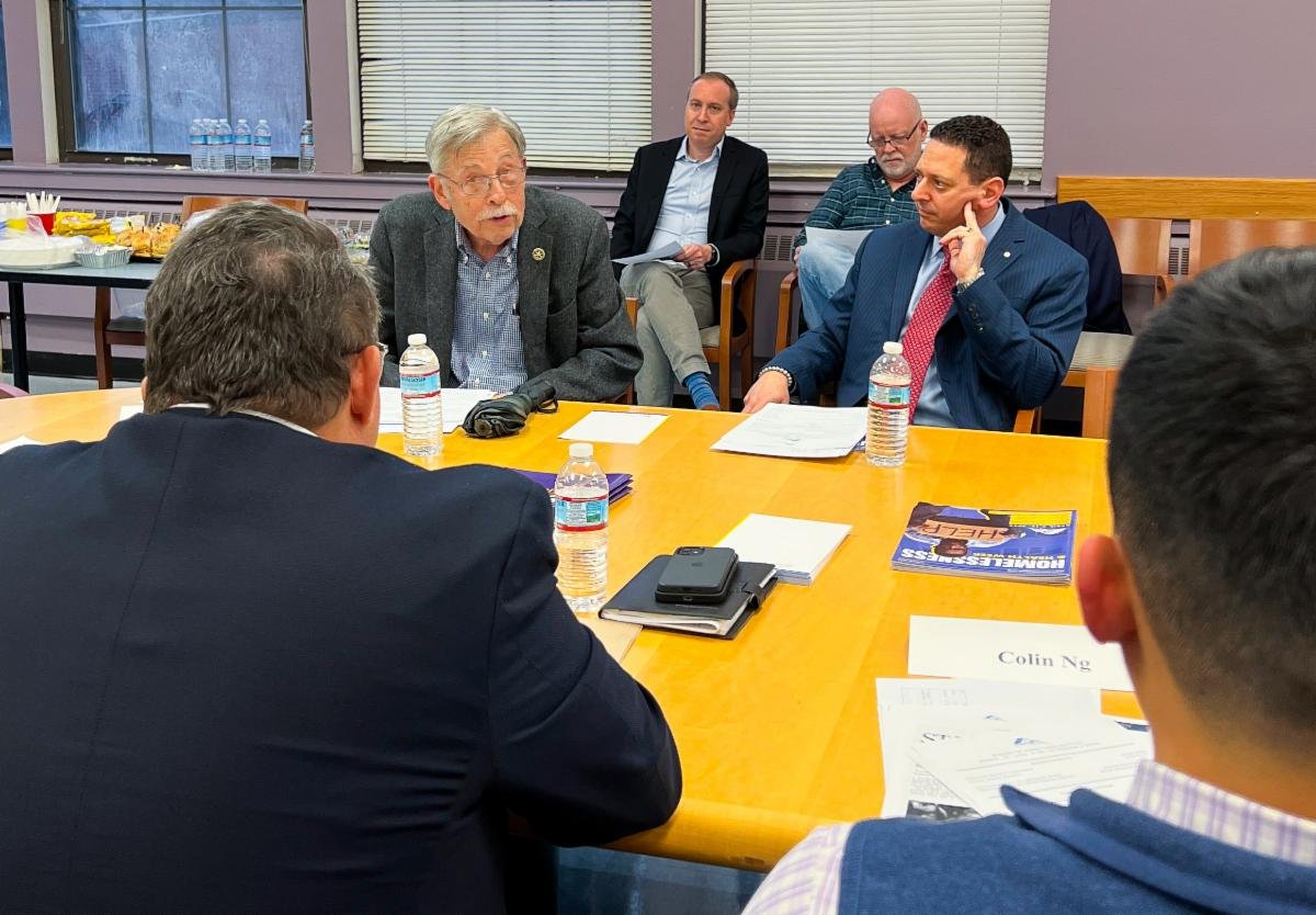 Allan Lang and Chris Farrugio (front) and William Tone and Henry Crawford (rear) from the Stamford Rotary Trust Fund joined in a Pacific House Board meeting to discuss the partnership of the Rotary Commons Project.